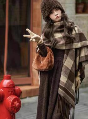 法国CINSKINS金玉满堂~披肩女秋冬经典格子百搭流苏羊绒围巾外穿