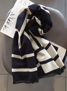 法国CINSKINS线条双面拼色羊绒冬季围巾两用披肩加厚保暖围脖女