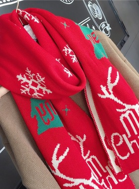 法国CINS KINS钟情可爱~麋鹿圣诞节大红色围巾女冬季加厚保暖围脖
