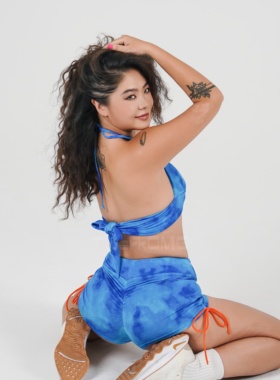 蓝色扎染电臀twerk短裤运动jazz瑜伽热辣蜜桃臀健身抽绳设计套装