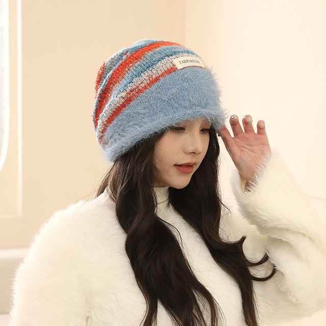 拼色堆堆帽子女秋冬大头围显脸小保暖冷帽美拉德毛绒月子帽感