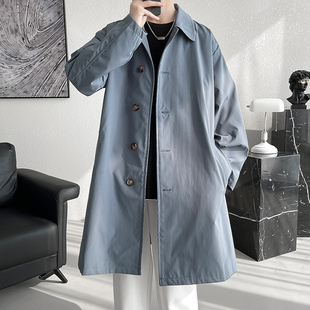 秋装纯色中长款风衣男士加肥加大码韩版潮牌青年翻领外套宽松大衣