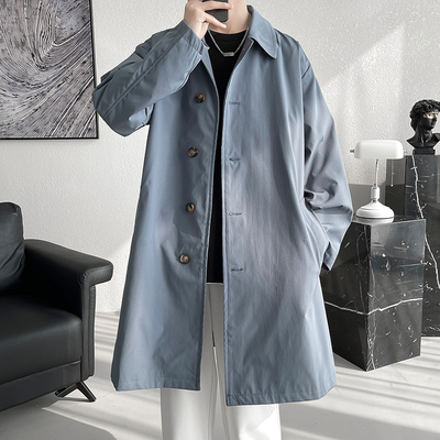 秋装纯色中长款翻领宽松风衣潮男