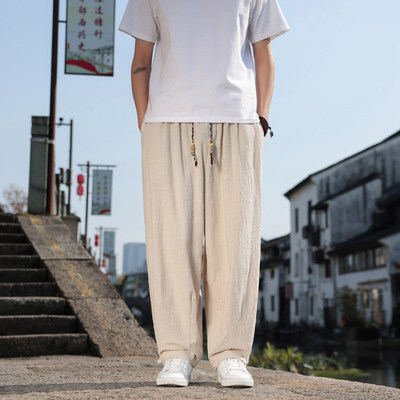 亚麻裤子男士潮流夏季宽松垂感阔腿灯笼裤新中式男装棉麻料休闲裤