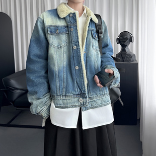 美式水洗蓝色牛仔棉服男冬季翻领羊羔绒保暖外套加绒加厚工装夹克