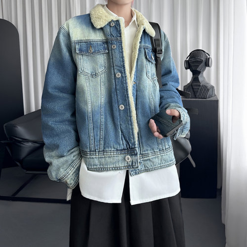 美式水洗蓝色牛仔棉服男冬季翻领羊羔绒保暖外套加绒加厚工装夹克