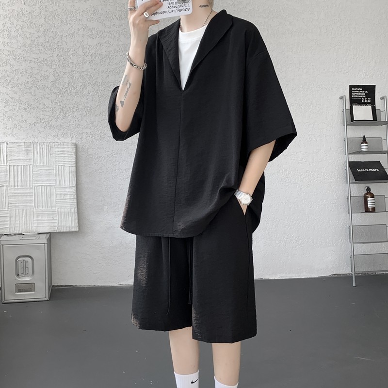 老钱风亚麻莱赛尔短袖两件套装潮