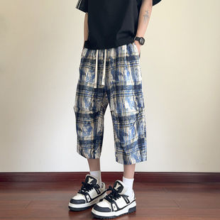 扎染格子7七分裤 男夏季 加肥大码 潮胖子宽松休闲复古阔腿过膝短裤