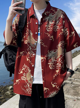 中式薄款短袖男款夏季宽松龙纹衬衣唐装外套国风衬衫高级休闲冰丝