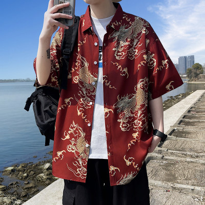 中式薄款短袖男款夏季宽松龙纹衬衣唐装外套国风衬衫高级休闲冰丝