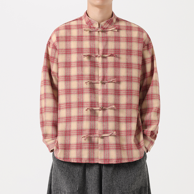 新中式盘扣格子长袖衬衫男2025早秋新款复古潮牌纯棉防晒衬衣外套