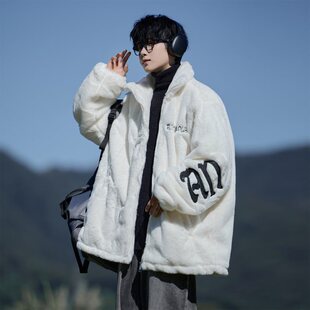 美式复古刺绣毛绒棉衣外套男加肥大码潮牌冬季慵懒感加厚保暖棉袄