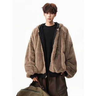 美式复古座山雕毛茸茸外套男款秋冬季加绒加厚美拉德连帽夹克棉服