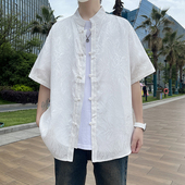 冰丝衬衫 男款 夏天竹叶提花中国风立领盘扣衬衣短袖 新中式 五分半袖