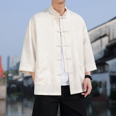 中国风夏季提花冰丝七分盘扣衬衫