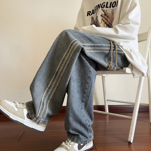 三条杠牛仔裤男款秋冬2025新款直筒宽松裤子美式高街复古休闲长裤