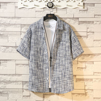 小香风短袖法式格子衬衫男夏季高级感痞帅设计感小众衬衣外套夏装