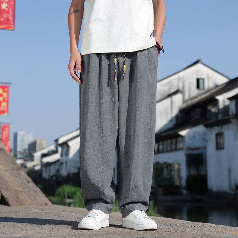 新中式透气垂感棉麻休闲裤男士宽松大码阔腿裤中国风纯色百搭长裤