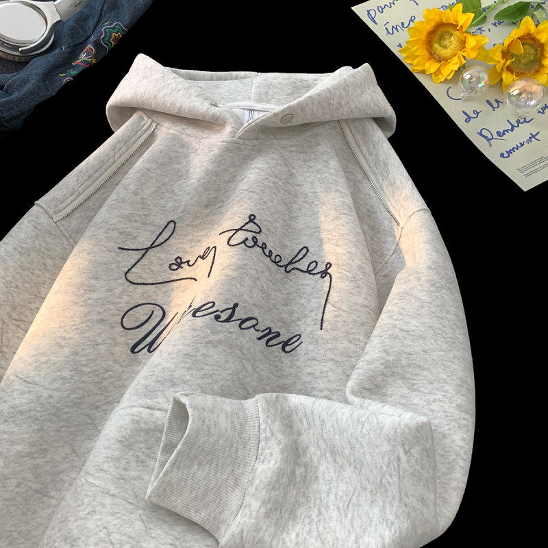 加绒加厚砂洗连帽卫衣男秋冬重磅字母保暖帽衫青少年潮牌美式外套