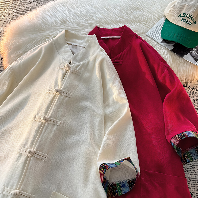 亚麻茶服衬衫男士外套夏季中国风民族印花棉麻衬衫宽松立领唐装潮