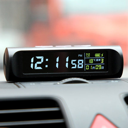 汽车太阳能 车载时钟摆件温度计表自动开机高精度led数显夜光智能