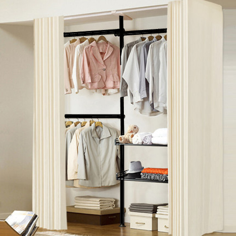 顶天立地衣柜衣架落地式免打孔全钢架轨道伸缩加厚简易金属衣帽间