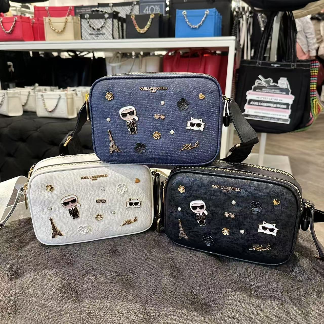 COCO美国代购Karl Lagerfeld铆钉公仔拉链大相机包下播不退不换