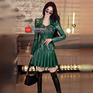 秋冬欧美机车风夹克上衣短裙两件套2025新款时尚性感修身套装裙