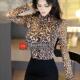 内搭小衫 半高领抽绳修身 欧美豹纹印花性感内搭上衣新款 秋冬季