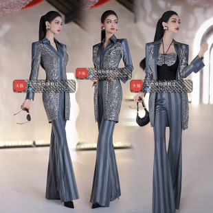 轻奢小众套装 定制款 两件套新款 喇叭裤 珠片拼接长衬衫