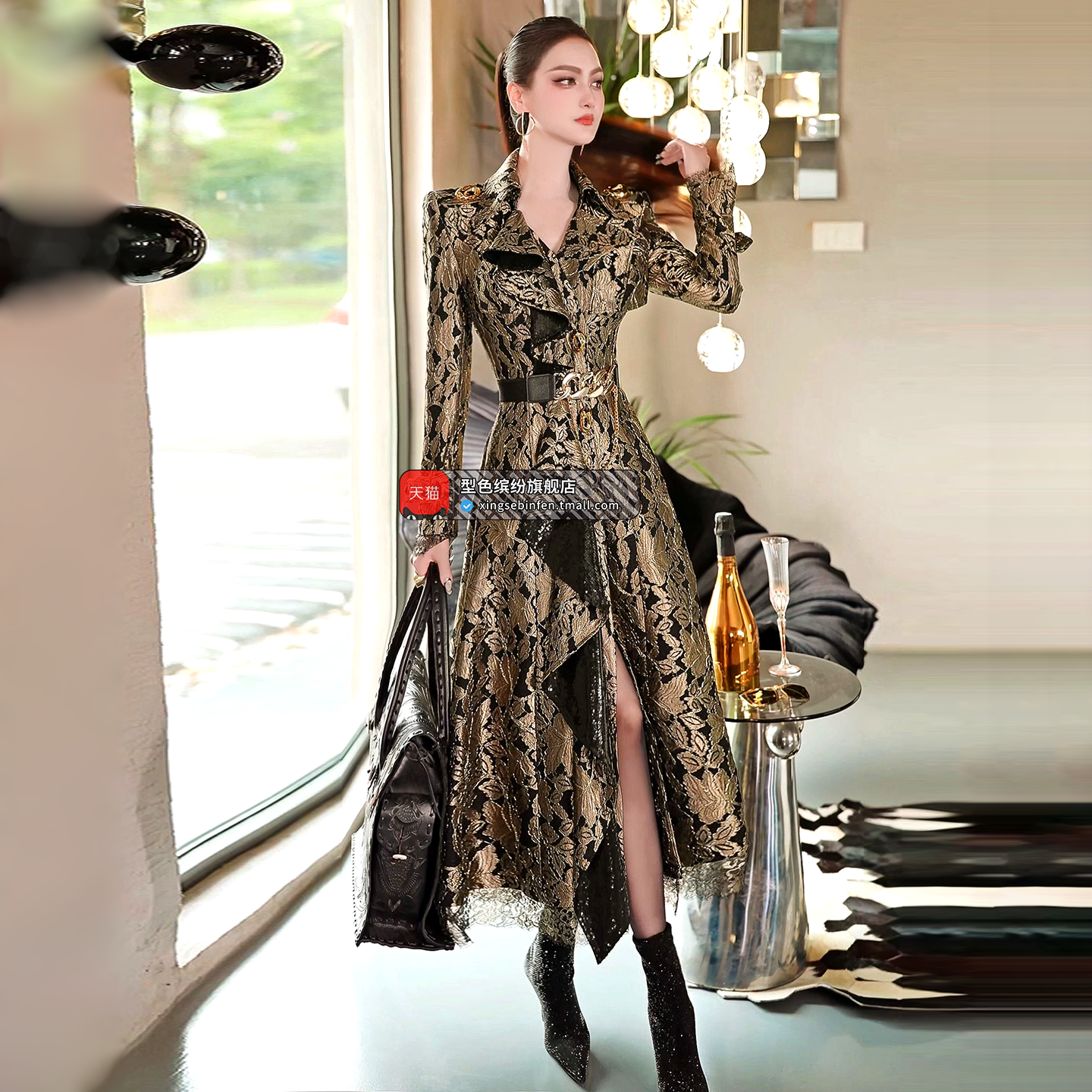 设计感修身荷叶造型门襟时尚外套2025秋季新款复合面料女神范风衣