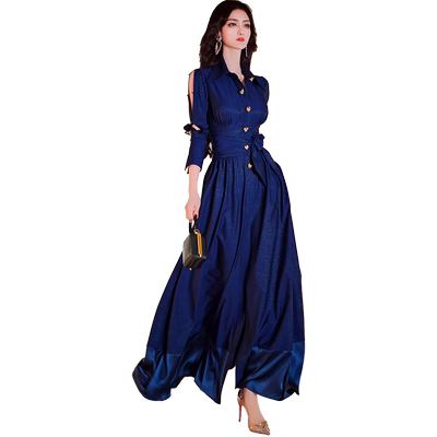 春季欧美大气衬衫裙女装新款收腰气质减龄长款过膝连衣裙