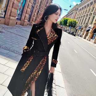【断码清仓】秋季豹纹拼接洋气英伦风外套新款时尚收腰风衣中长款