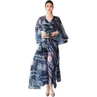 夏季设计感雪纺印花披肩斗篷连衣裙新款波西米亚度假风长裙