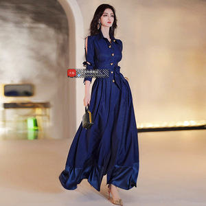 春季欧美大气衬衫裙女装新款收腰气质减龄长款过膝连衣裙