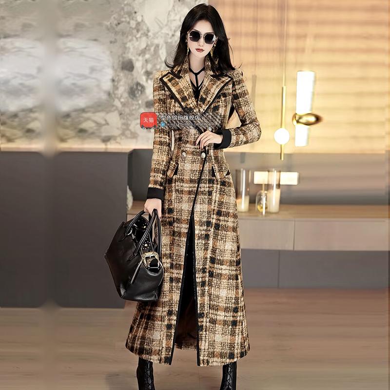 冬季经典美拉德毛呢大衣新款气质干练修身中长款过膝格纹大衣
