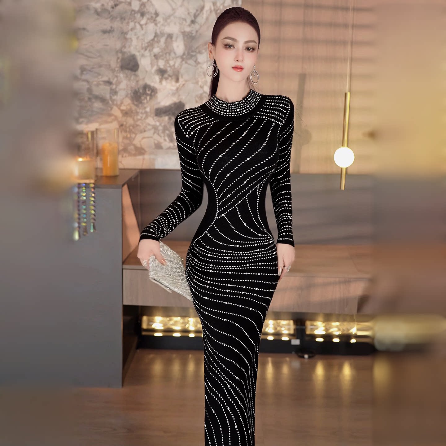 秋季配大衣穿搭欧美点线提花针织裙2026新款收腰修身中长款连衣裙