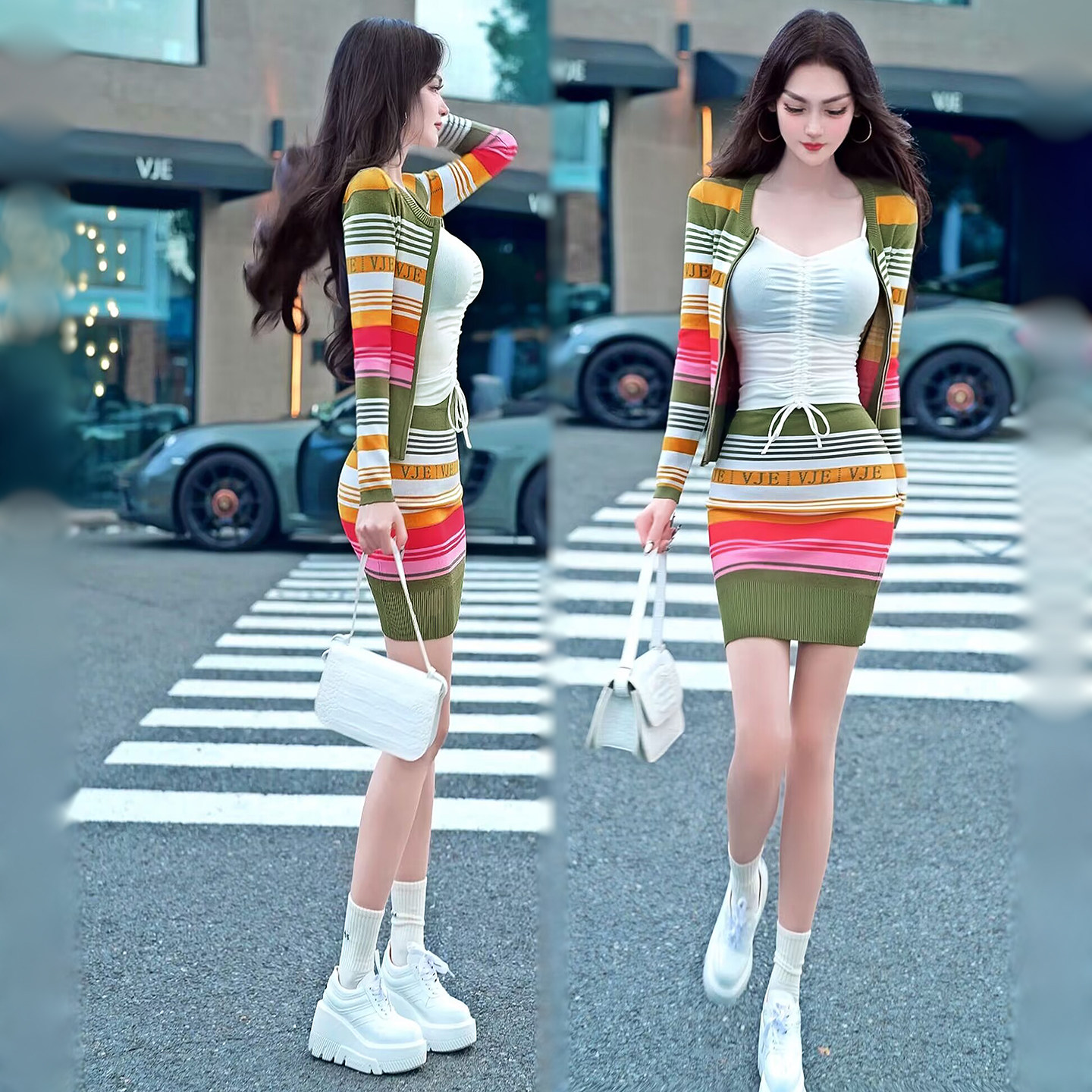 早春欧美气质撞色条纹针织套装裙2026新款开衫高腰包臀裙两件套