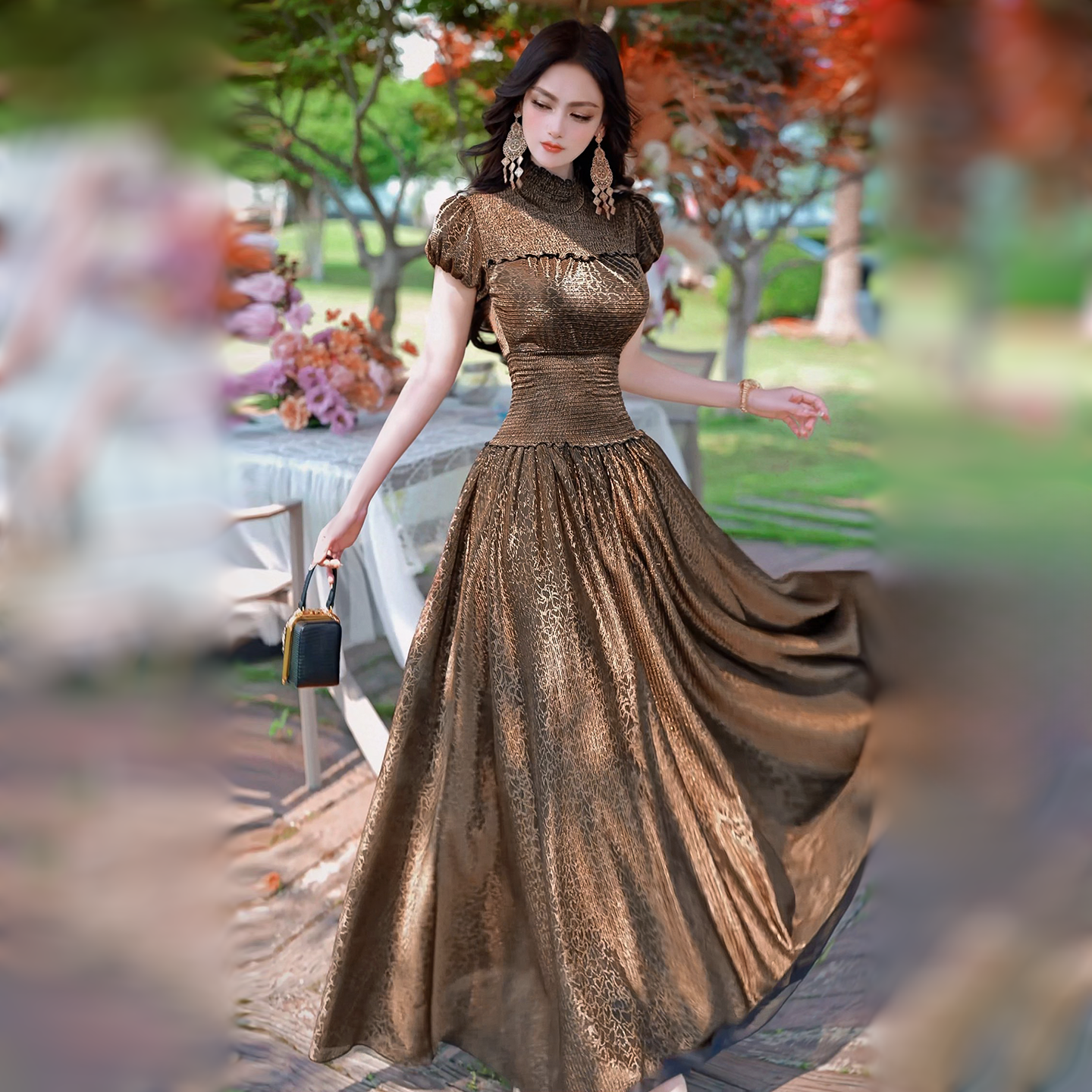 夏季设计感亮丝提花抽皱过膝长裙2026新款女神范收腰长款连衣裙