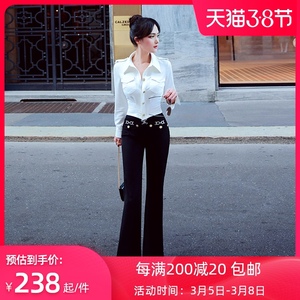 型色缤纷初春时尚金属装饰休闲裤女黑色洋气修身显瘦微喇叭长裤子