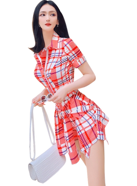 夏季格纹气质修身套装三件套