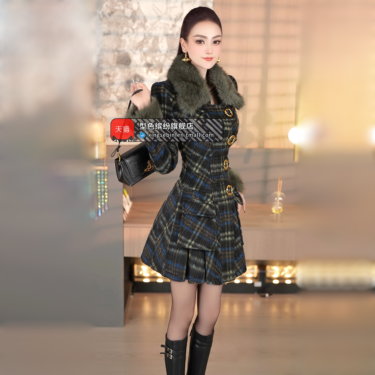 型色缤纷冬季时尚设计感大衣2025新款加厚保格纹中长款修身外套