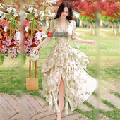 夏季 原创设计雪纺印花长裙2025新款 气质小众度假风收腰连衣裙