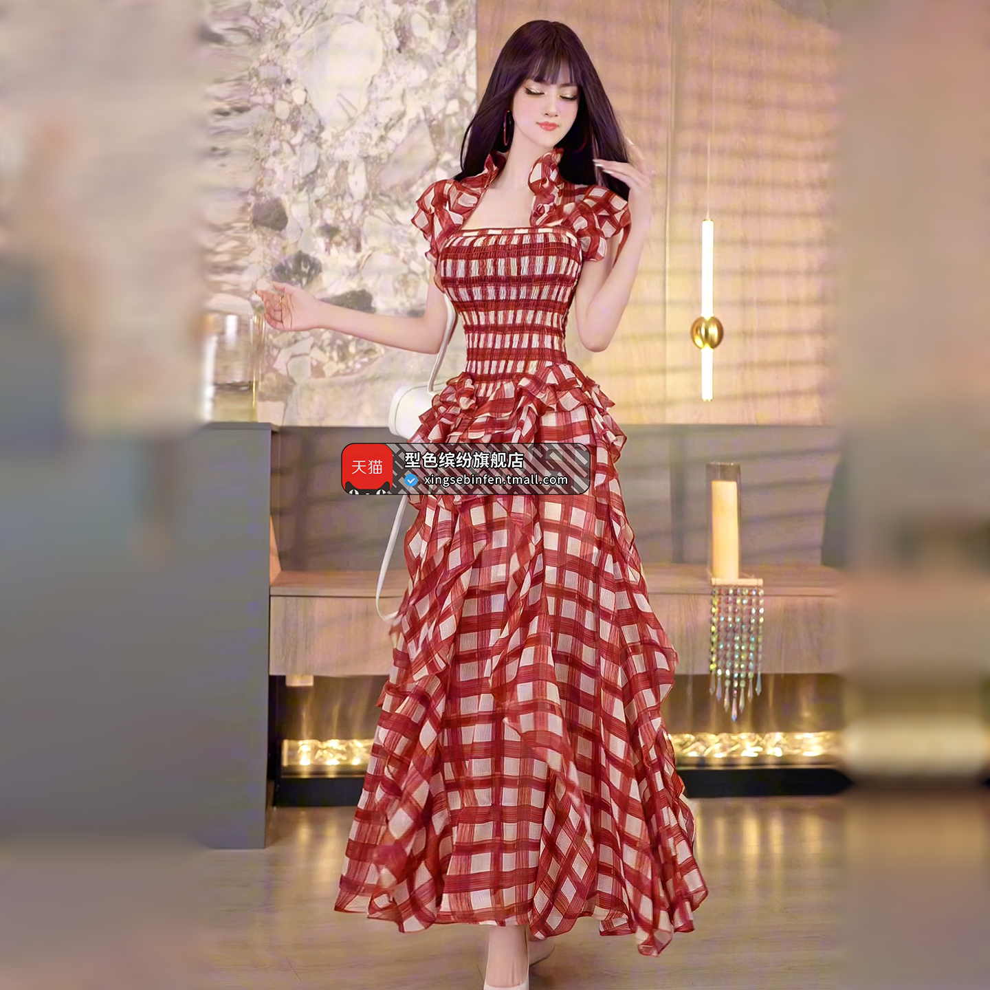 法式格纹不规则荷叶飘带长裙2026夏季气质度假风女神范飞袖连衣裙