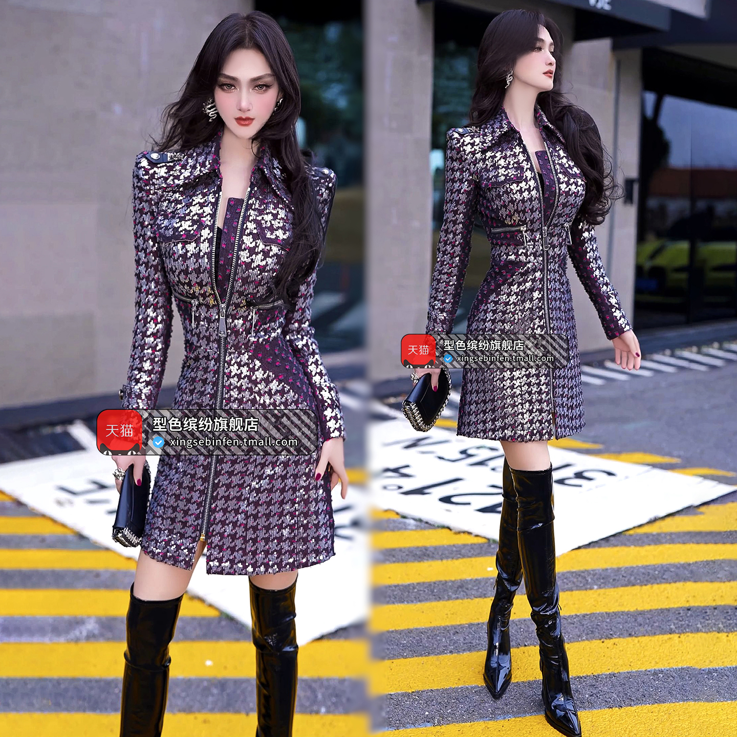 秋冬时尚原创小众衬衫裙2025新款气质千鸟格绣片加厚仿牛仔连衣裙