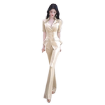 夏季轻奢时尚套装女新款短袖双排扣假两件西服微喇叭裤两件套