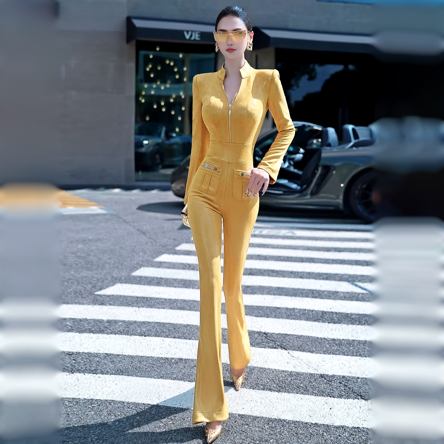 秋冬款欧美微喇叭连体裤2025新款性感女神范时尚气质干练修身长裤