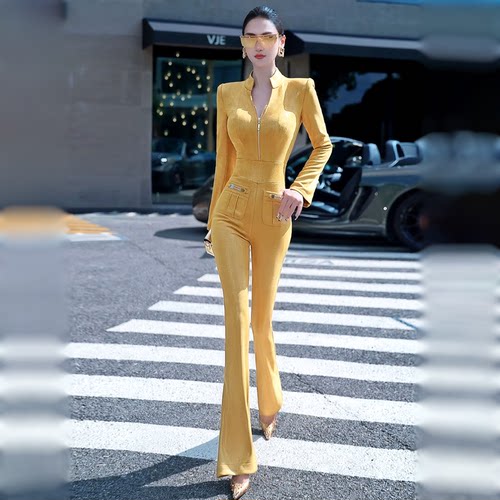 秋冬款欧美微喇叭连体裤2025新款性感女神范时尚气质干练修身长裤