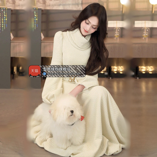 冬季法式小香风灯笼连衣裙2025新款珍珠腰带可脱卸长裙