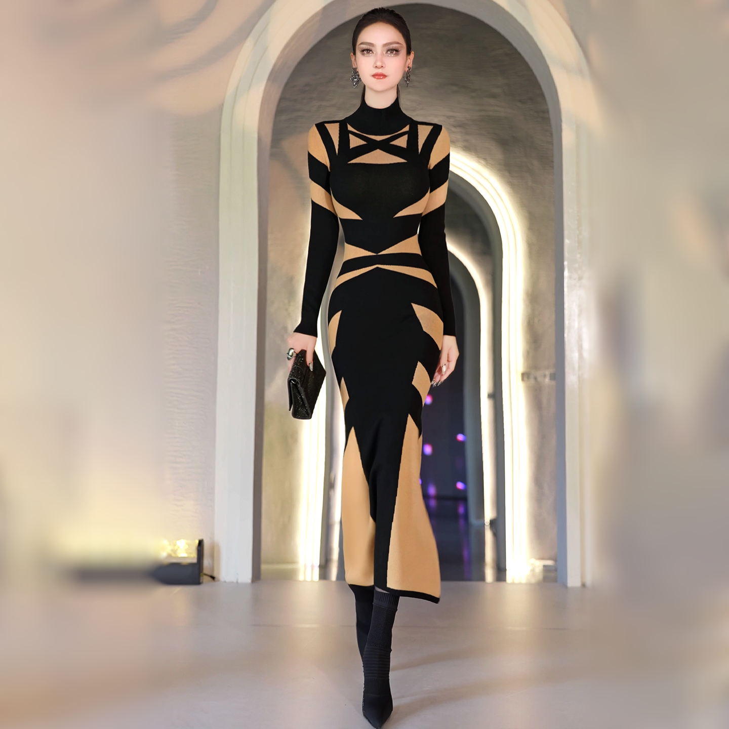 秋冬欧美几何拼色高领毛衣针织连衣裙2025新款时尚中长款鱼尾裙